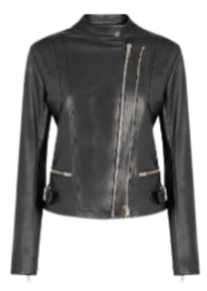 Women’s Bold Asymmetric Zip Black Leather Biker Jacket with Side Buckles