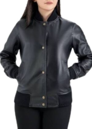 Women's Classic Black Leather Bomber jacket