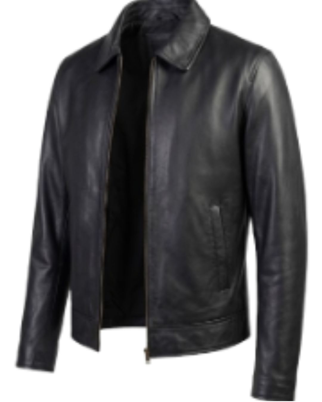 Men's Classic Front-Zip Black Leather Shirt Collar Jacket