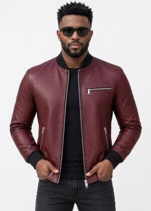 "Men’s Premium Maroon Leather Bomber Jacket – Sleek Fit, Ultra-Stylish & Timeless Comfort"