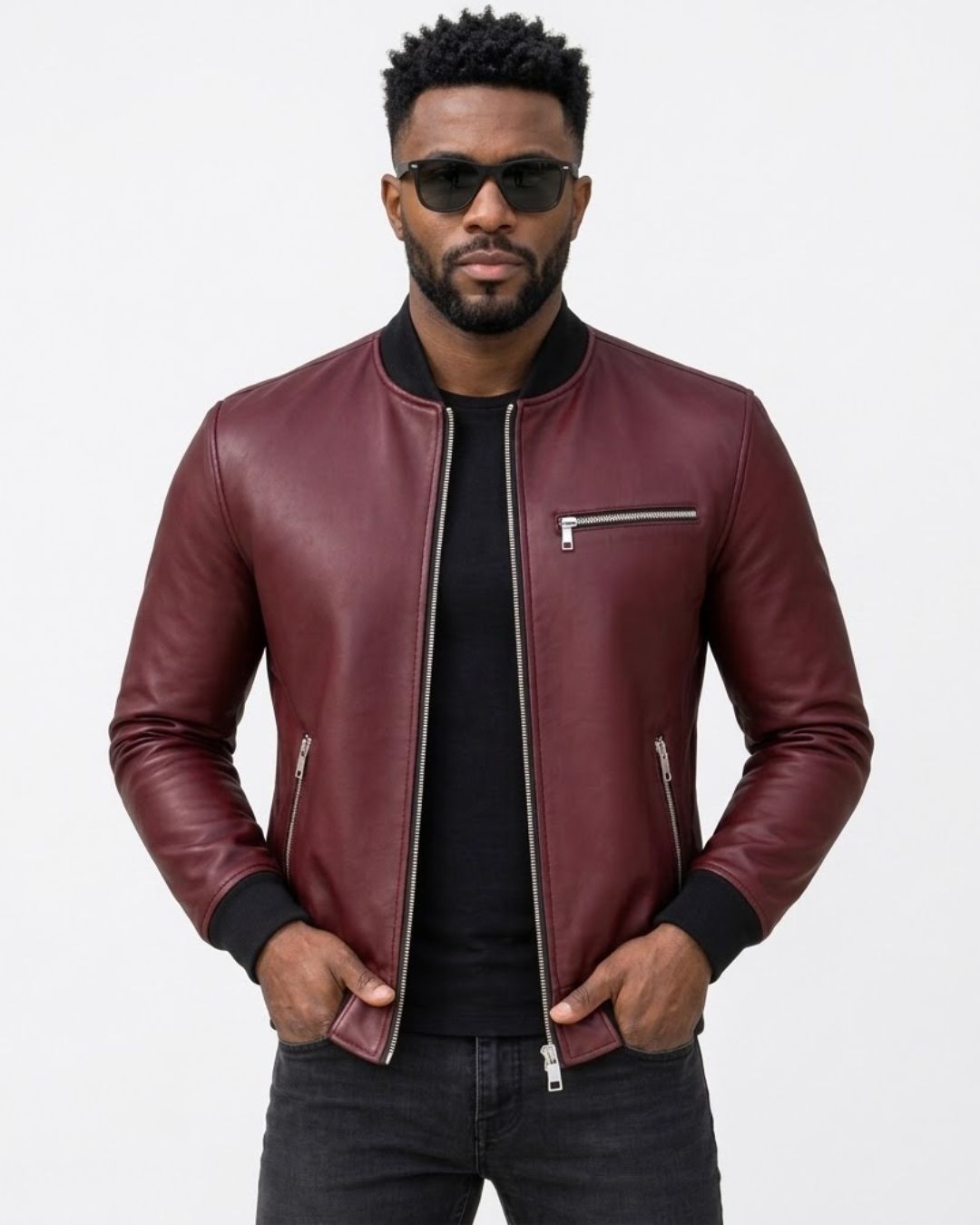 "Men’s Premium Maroon Leather Bomber Jacket – Sleek Fit, Ultra-Stylish & Timeless Comfort"