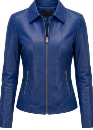 Classic Women's Royal Blue Leather Jacket – Full Zip Casual Outerwear